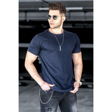 Madmext 2883 Lacivert Yırtık Detaylı Erkek T-Shirt