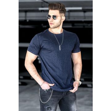 Madmext 2883 Lacivert Yırtık Detaylı Erkek T-Shirt