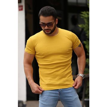 Madmext 4077 Erkek Bisiklet Yaka Sarı Basic T-shirt