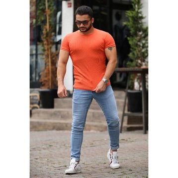 Madmext 4077 Erkek Bisiklet Yaka Turuncu Basic T-shirt