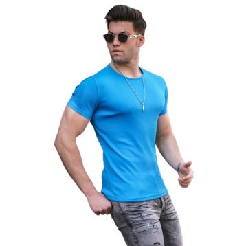 Madmext 4077 Saks Bisiklet Yaka Basic Erkek T-shirt