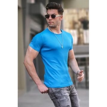 Madmext 4077 Saks Bisiklet Yaka Basic Erkek T-shirt