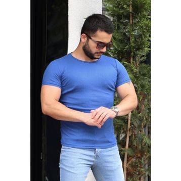 Madmext 4077 Saks Bisiklet Yaka Basic Erkek T-shirt
