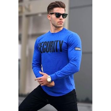 Madmext 4126 Saks Yırtık Detaylı Baskılı Erkek Sweatshirt
