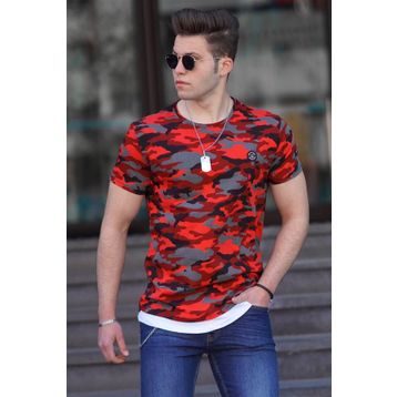 Madmext 4480 Kamuflaj Desenli Bordo Erkek T-shirt
