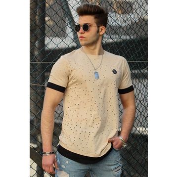 Madmext 4489 Camel Yırtık Detaylı Erkek T-shirt