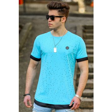 Madmext 4489 Turkuaz Yırtık Detaylı Erkek T-shirt