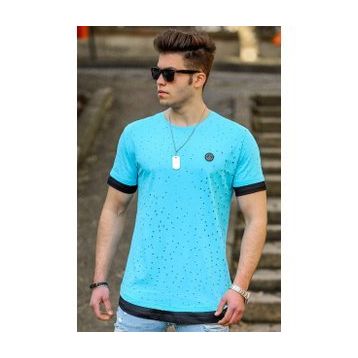 Madmext 4489 Turkuaz Yırtık Detaylı Erkek T-shirt