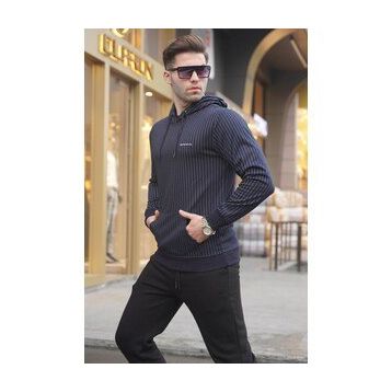 Madmext 4692 Lacivert Çizgili Kapüşonlu Erkek Sweatshirt