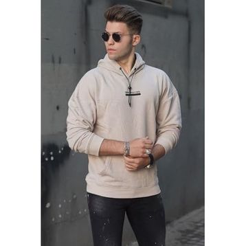 Madmext 4722 Bej Baskılı Kapüşonlu Erkek Sweatshirt