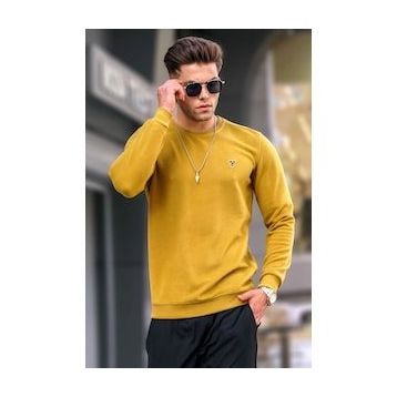 Madmext 5799 Erkek Koyu Hardal Bisiklet Yaka Regular Fit Basic Sweatshirt