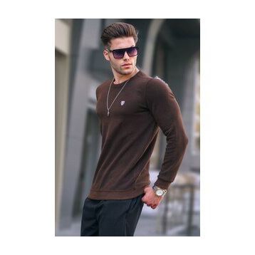 Madmext 5799 Erkek Koyu Kahverengi Bisiklet Yaka Regular Fit Basic Sweatshirt