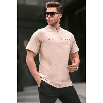 Madmext 5858 Bej Fermuar Yaka Erkek Tişört