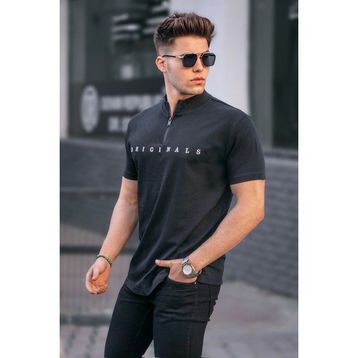 Madmext 5858 Siyah Fermuar Yaka Erkek Tişört