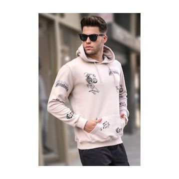 Madmext 5895 Erkek Bej Baskılı Kapüşonlu Sweatshirt