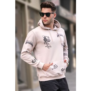 Madmext 5895 Erkek Bej Baskılı Kapüşonlu Sweatshirt
