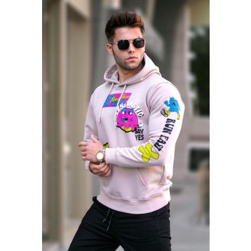 Madmext 5896 Erkek Bej Baskılı Kapüşonlu Sweatshirt