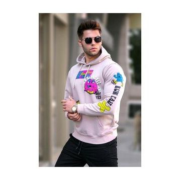 Madmext 5896 Erkek Bej Baskılı Kapüşonlu Sweatshirt