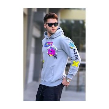 Madmext 5896 Erkek Boyalı Gri Baskılı Kapüşonlu Sweatshirt