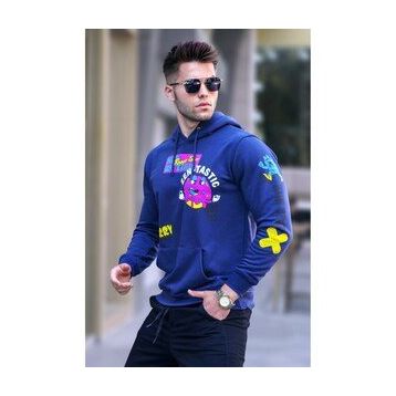 Madmext 5896 Erkek Lacivert Baskılı Kapüşonlu Sweatshirt