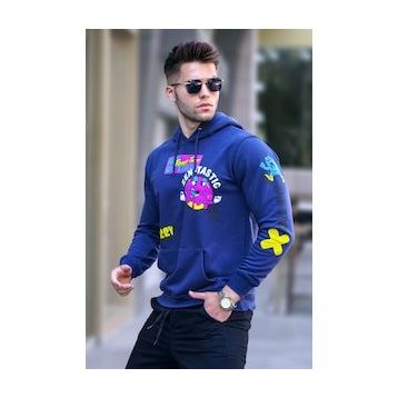 Madmext 5896 Erkek Lacivert Baskılı Kapüşonlu Sweatshirt