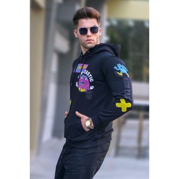 Madmext 5896 Erkek Siyah Baskılı Kapüşonlu Sweatshirt