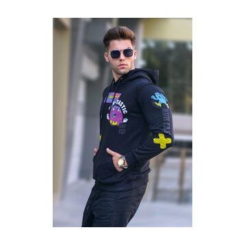 Madmext 5896 Erkek Siyah Baskılı Kapüşonlu Sweatshirt