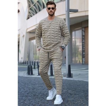 Madmext 5907 Bej Kapitone Desenli Erkek Eşofman Takımı