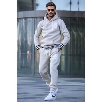 Madmext 5909 Baskılı Kapüşonlu Bej Erkek Eşofman Takımı
