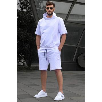 Madmext 5919 Beyaz Kapüşonlu Şort Takım