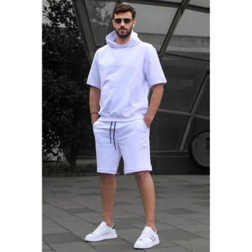 Madmext 5919 Beyaz Kapüşonlu Şort Takım