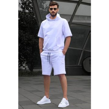 Madmext 5919 Beyaz Kapüşonlu Şort Takım