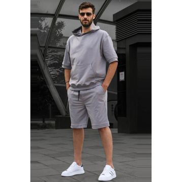Madmext 5919 Boyalı Gri Kapüşonlu Şort Takım