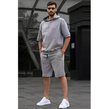 Madmext 5919 Boyalı Gri Kapüşonlu Şort Takım