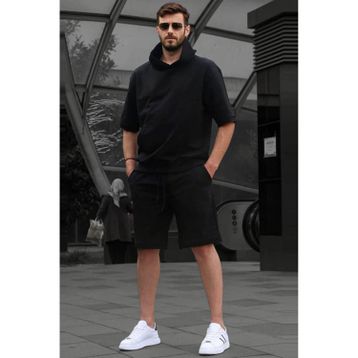 Madmext 5919 Siyah Kapüşonlu Şort Takım