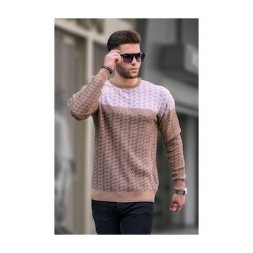 Madmext 5977 Bej Desenli Erkek Örme Kazak