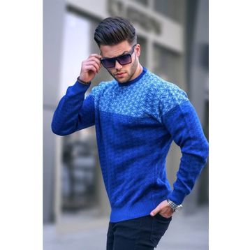 Madmext 5977 İndigo Desenli Erkek Örme Kazak