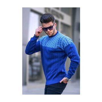 Madmext 5977 İndigo Desenli Erkek Örme Kazak