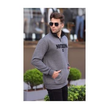 Madmext 6003 Antrasit Baskılı Fermuar Detaylı Erkek Sweatshirt