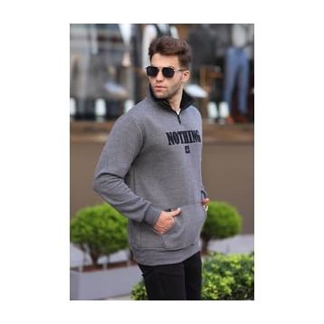 Madmext 6003 Antrasit Baskılı Fermuar Detaylı Erkek Sweatshirt