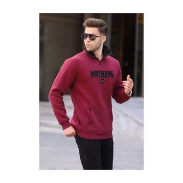 Madmext 6003 Bordo Baskılı Fermuar Detaylı Erkek Sweatshirt