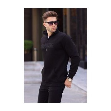 Madmext 6003 Siyah Baskılı Fermuar Detaylı Sweatshirt