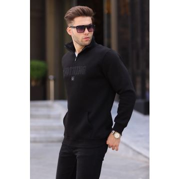 Madmext 6003 Siyah Baskılı Fermuar Detaylı Sweatshirt