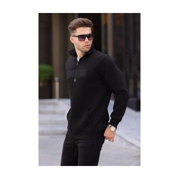 Madmext 6003 Siyah Baskılı Fermuar Detaylı Sweatshirt