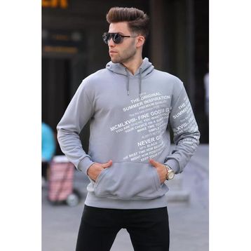 Madmext 6009 Baskılı Kapüşonlu Boyalı Gri Erkek Sweatshirt