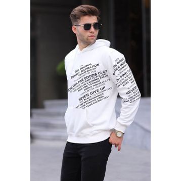 Madmext 6009 Ekru Erkek Baskılı Kapüşonlu Sweatshirt