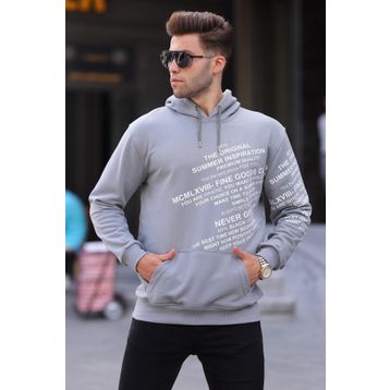 Madmext 6009 Gri Erkek Baskılı Kapüşonlu Sweatshirt