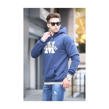 Madmext 6012 Lacivert Nakışlı Kapüşonlu Erkek Sweatshirt