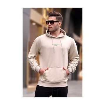 Madmext 6017 Bej Kapüşonlu Baskılı Erkek Sweatshirt