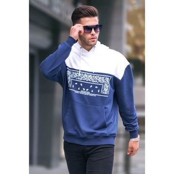Madmext 6022 Lacivert Erkek Kapüşonlu Desenli Sweatshirt